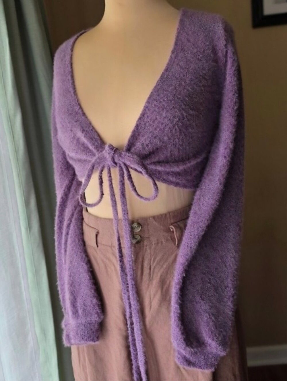 Hollister Purple Fuzzy Knit Wrap Crop Cardigan Tie Front Balletcore Sweater XS